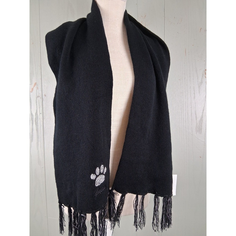 Guess Scarf Womens Black‎ Knitted Rhinestones Paw Print Fringed New With Tags